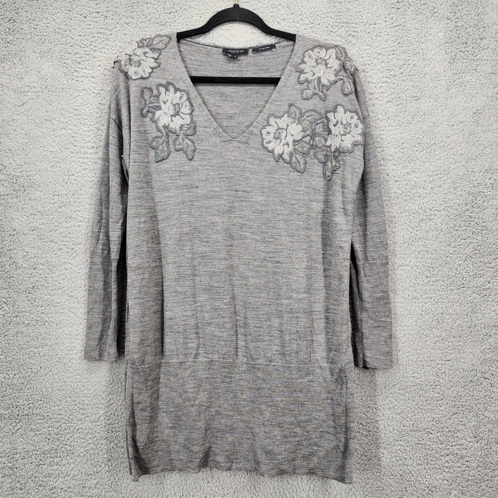 Lafayette 148 NY‎ Grey Italian Wool Floral Applique V-Neck Tunic Sweater Small